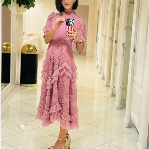 Mac Duggal Pink Mesh Tiered Ruffle Midi Dress SIZE 8 Romantic Designer $700 - Picture 6 of 13